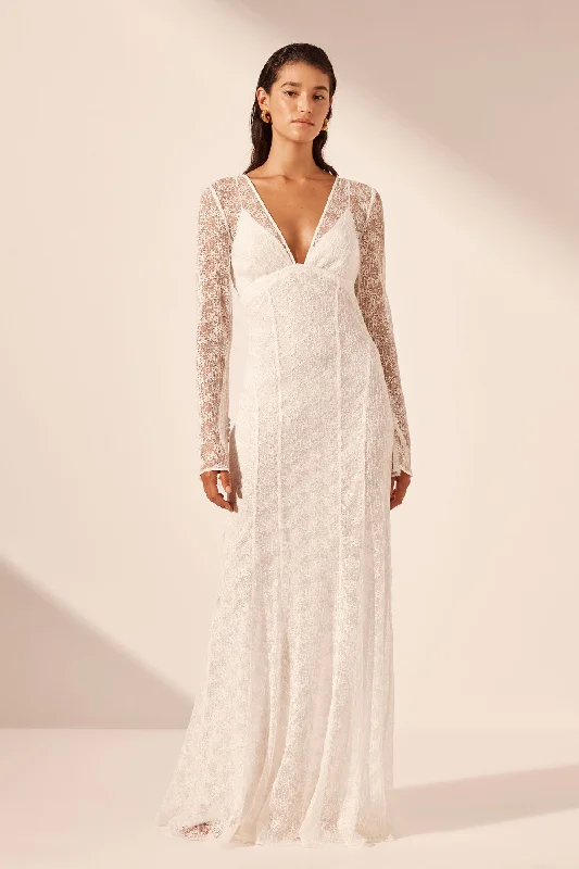 LA LUNE SOL LACE PLUNGED PANELLED MAXI DRESS - IVORY Stylish One-Shoulder Maxi Dress