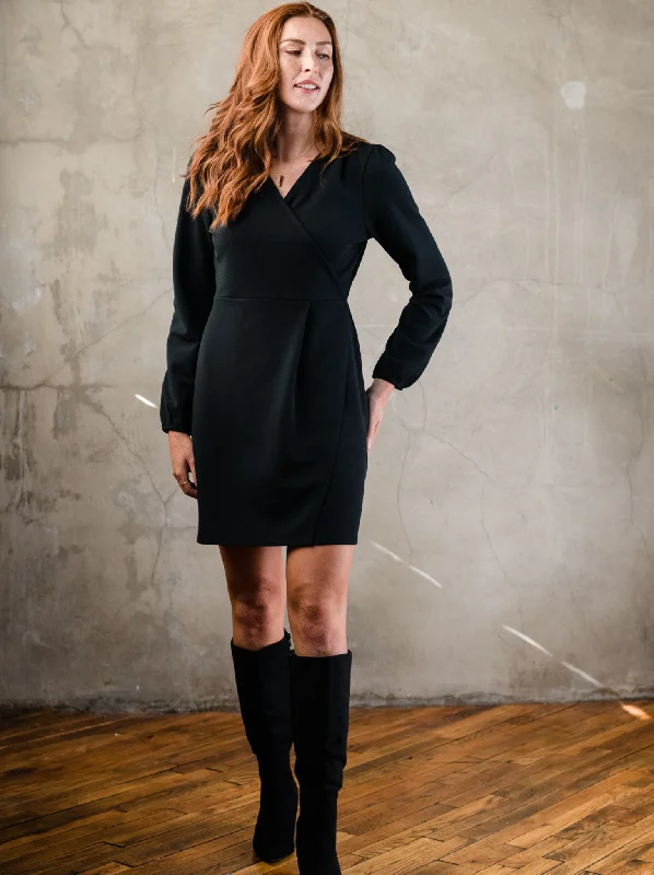 Lacy Crepe Wrap Mini Dress - Black Fashionable Button-Front Mini Dress