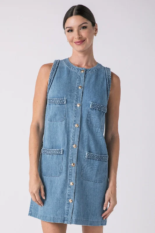 Lalavon Braided Denim Pocket Front Sleeveless Mini Dress Stylish Ruffle Mini Dress
