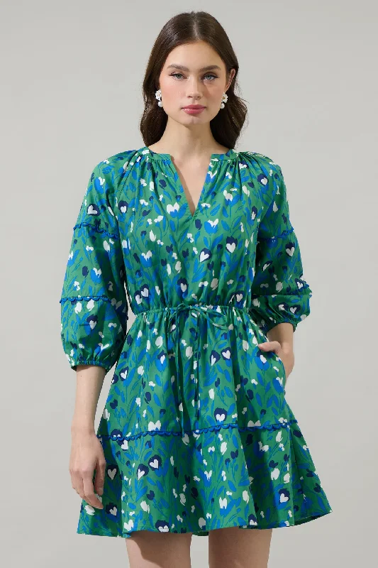 Laury Floral Dabria Split Neck Mini Dress Comfortable Zip-Up Mini Dress