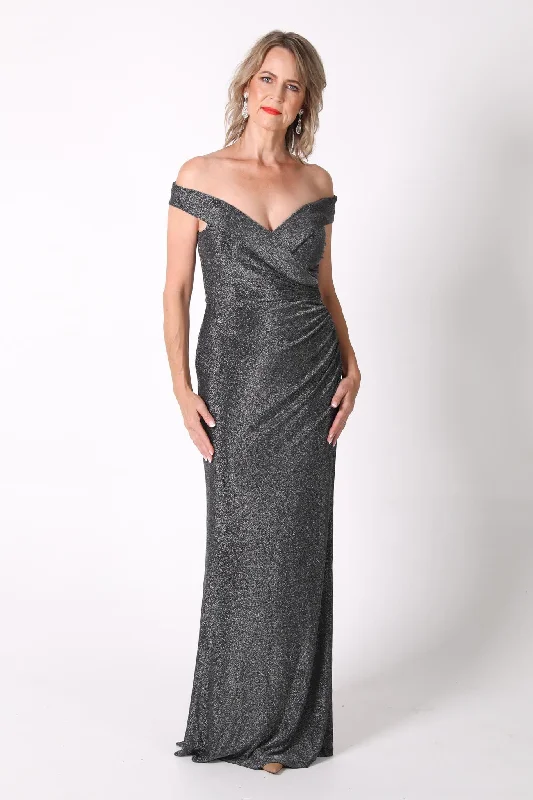 Lawrence Off Shoulder Maxi Dress - Shimmer Grey Casual Maxi Dress with Pockets