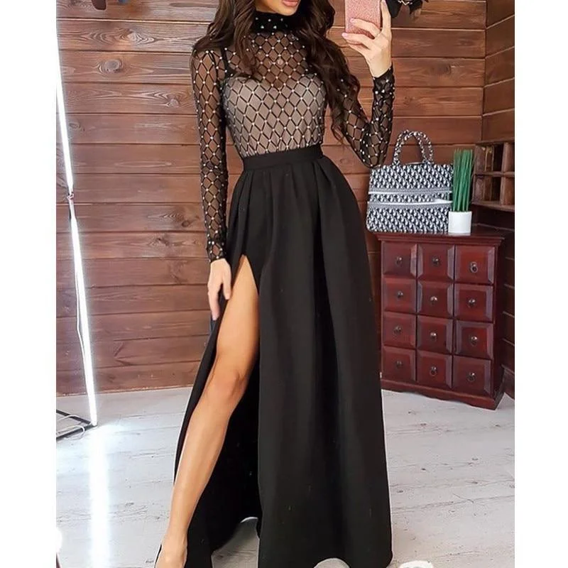 FashionSierra - Long Sleeve Stamping Mock Neck Plaid Sheer Mesh Maxi Dress Cozy Open-Back Maxi Dress FashionSierra - Long Sleeve Stamping Mock Neck Plaid Sheer Mesh Maxi Dress Cozy Open-Back Maxi Dress