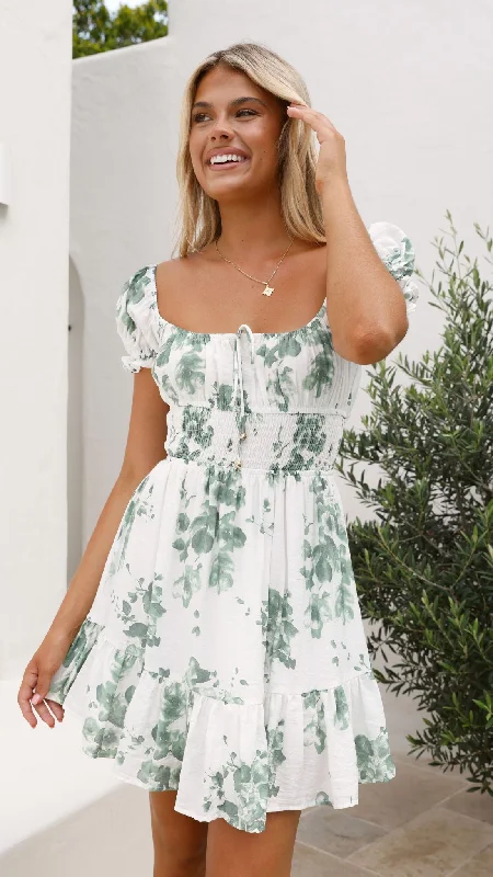 Malilah Mini Dress - Green/White Print Comfortable Shift Mini Dress