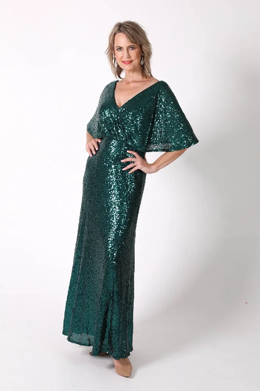 Martha Butterfly-Sleeve Sequin Maxi Dress - Emerald Green Chic Summer Maxi Dress