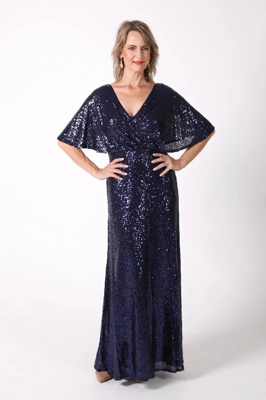 Martha Butterfly-Sleeve Sequin Maxi Dress - Navy Classic V-Neck Maxi Dress