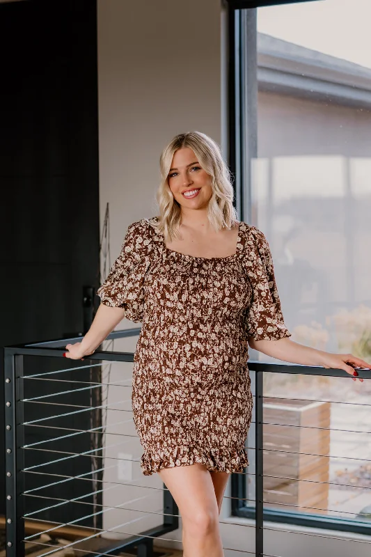 Tayla Smocked Mini Dress | Brown Stylish Ruffle Mini Dress