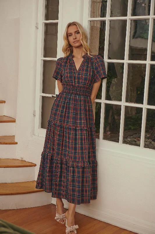 Miley Plaid Palmer Poplin Tiered Maxi Dress Classic Strapless Maxi Dress
