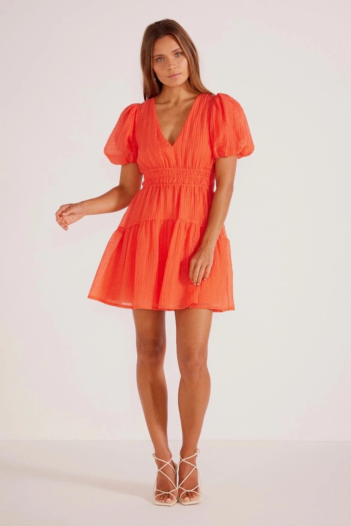 MINK PINK RESEDA MINI DRESS CORAL Comfortable Fit-and-Flare Mini Dress
