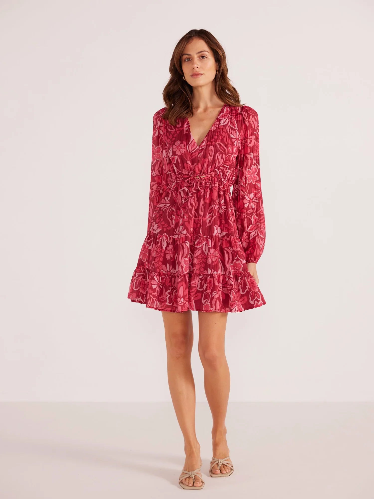 MINKPINK MAE LONG SLEEVE MINI DRESS PLUM FLORALS Fashionable Denim Mini Dress