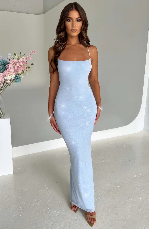 Nessa Maxi Dress - Baby Blue Sparkle Comfortable Ruffle Hem Maxi Dress