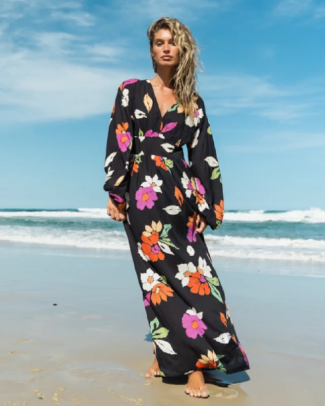 Night Bloom Long Sleeve Maxi Dress - Black Pebble Stylish Long Sleeve Maxi Dress
