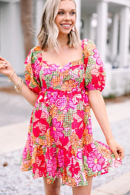No Questions Asked Pink Floral Babydoll Mini Dress Comfortable Off-Shoulder Mini Dress