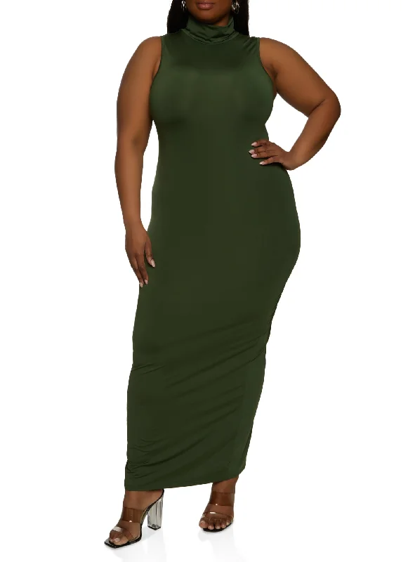 Plus Size Daisy Sleeveless Turtleneck Maxi Dress Classic Black Maxi Dress