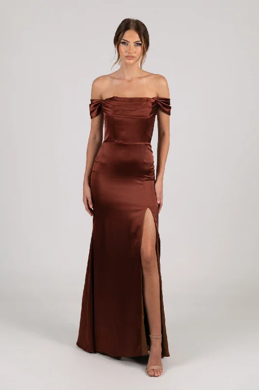 Peyton Strapless Satin Maxi Dress - Mahogany Elegant Maxi Dress with Pockets