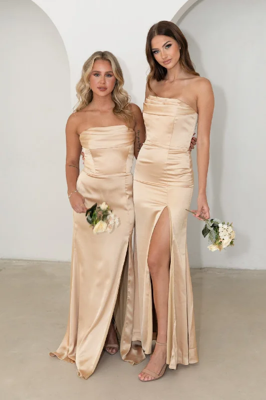 Peyton Strapless Satin Maxi Dress - Neutral Gold Comfortable Casual Maxi Dress