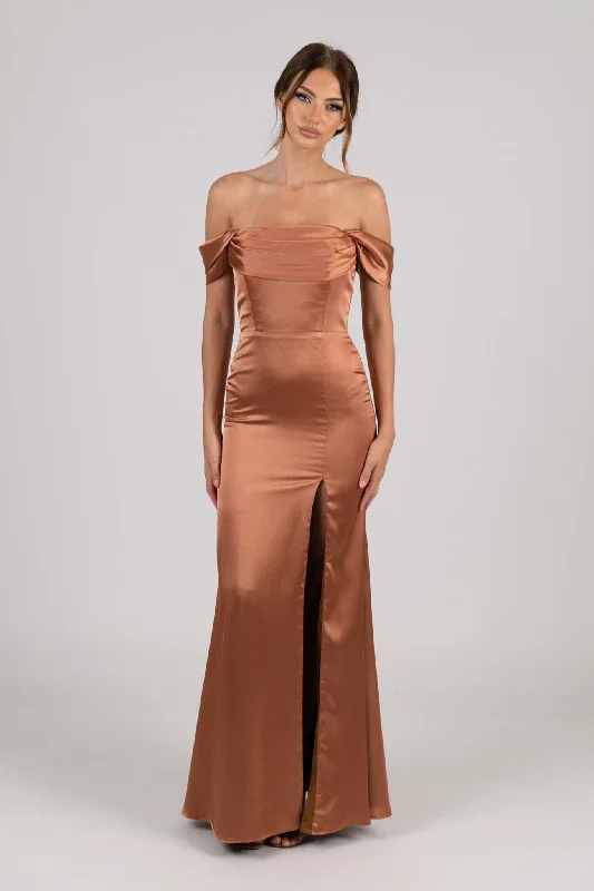 Peyton Strapless Satin Maxi Dress - Terracotta Trendy V-Neck Maxi Dress