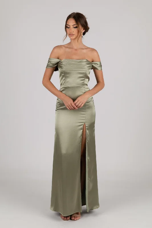 Peyton Strapless Satin Maxi Dress - Sage Green Cozy Ruffle Sleeve Maxi Dress