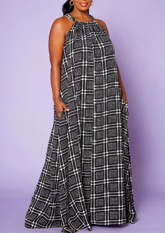 Hi Curvy Plus Size Black Square Flare Maxi Dress with Pockets Fashionable Asymmetrical Maxi Dress