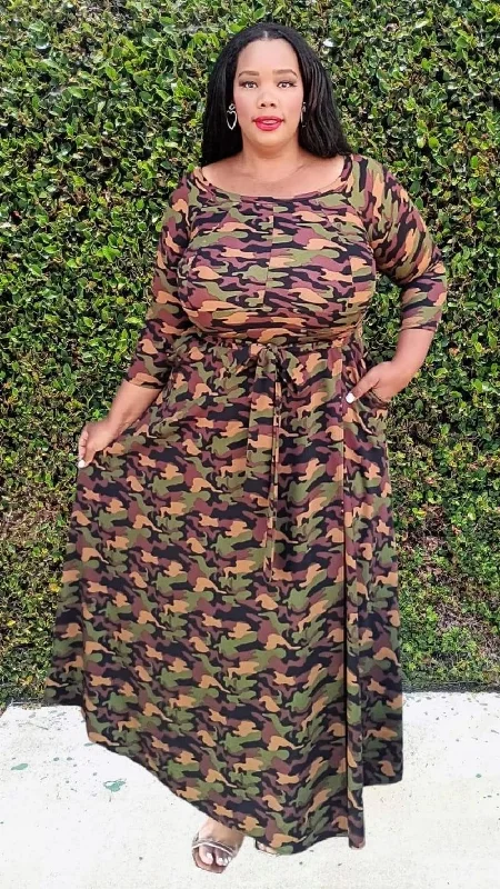 HI Curvy Plus Size Women Flare Camouflaged Maxi Dress with Pockets Trendy Off-Shoulder Ruffle Maxi Dress