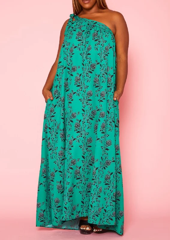 Hi Curvy Plus Size Women One Shoulder Floral Print Maxi Dress Comfortable T-Shirt Maxi Dress