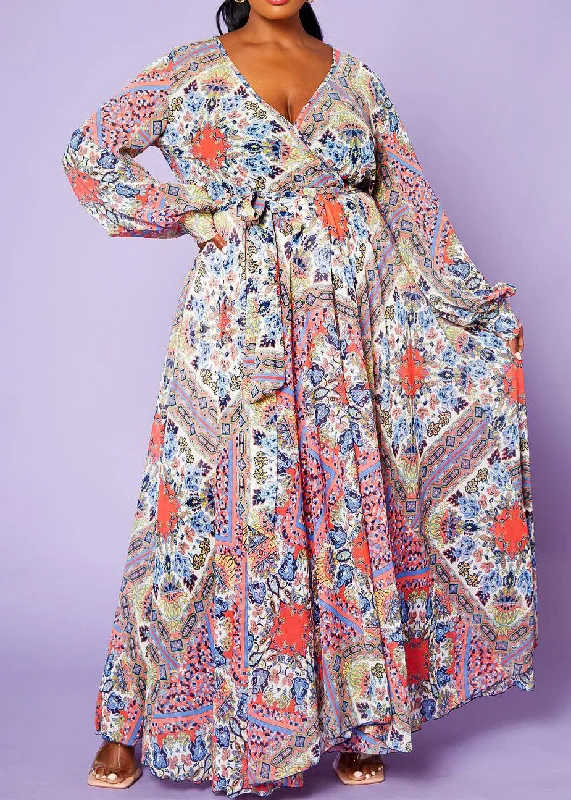 HI Curvy Plus Size Women Paisley Print Chiffon Maxi Dress Fashionable High-Waist Maxi Dress