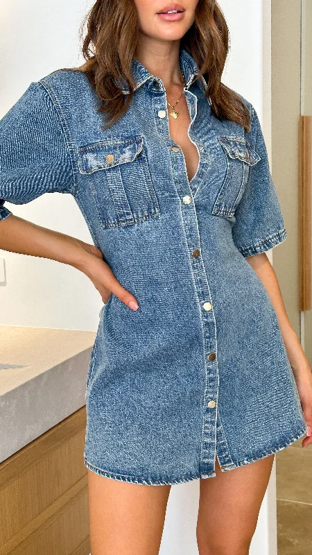 Raz Mini Dress - Mid Denim Trendy Button-Detail Mini Dress