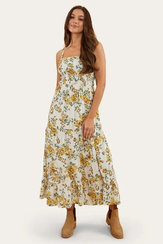 Rosabel Womens Maxi Dress - White/Yellow Stylish Boho Maxi Dress