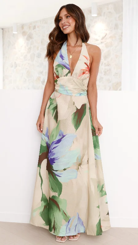 Saffron Maxi Dress - Beige Floral Stylish One-Shoulder Maxi Dress