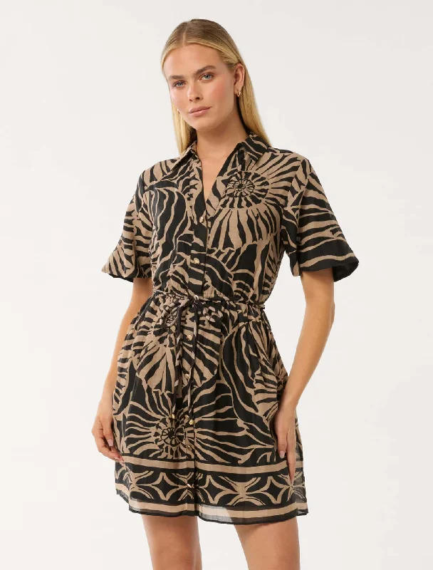 Selma Puff Sleeve Shirt Mini Dress Trendy Button-Detail Mini Dress