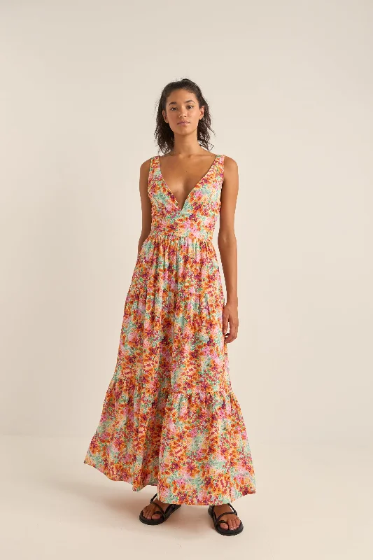 Sierra Floral Tiered Maxi Dress Orange Elegant Maxi Dress with Pockets