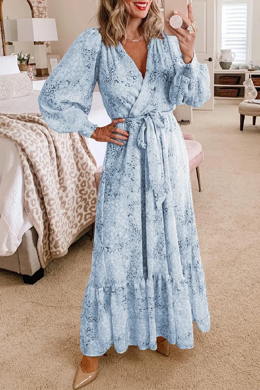 Sky Blue Printed Surplice Neck Bubble Long Sleeve Maxi Dress with Tie waist Comfortable Flowy Maxi Dress Sky Blue Printed Surplice Neck Bubble Long Sleeve Maxi Dress with Tie waist Comfortable Flowy Maxi Dress