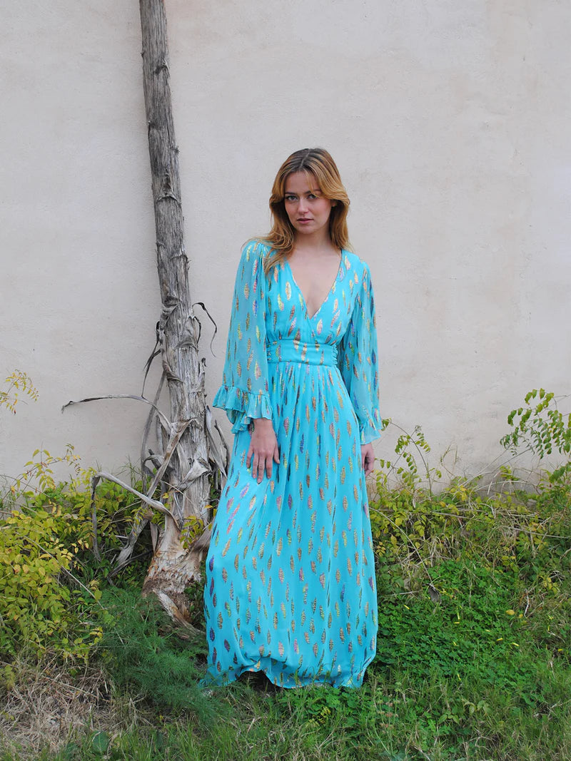 Stardust Celia Maxi Dress-Turquoise Metallic Sunset Trendy Maxi Dress with Belt