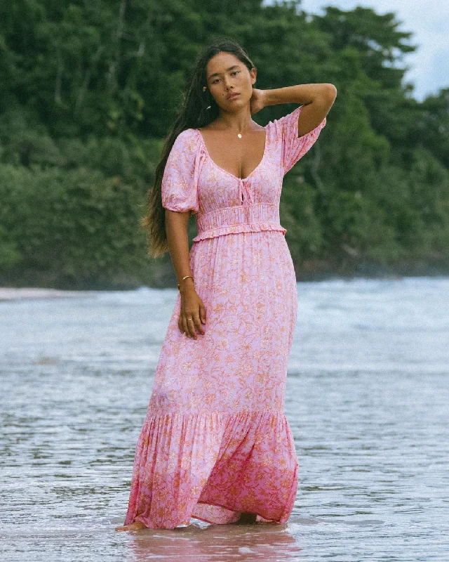 Sweet On You Maxi Dress - Pink Trails Trendy Maxi Dress with Bow