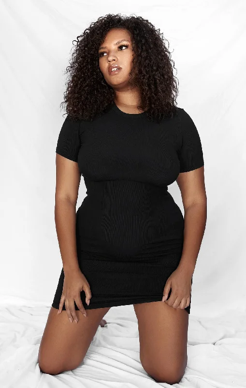 THE LUXE RIB BABY MINI DRESS - BLACK Chic Mini Dress with V-Neck