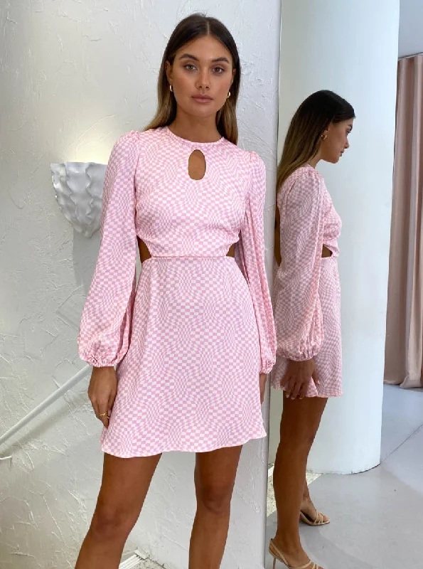 The Wolf Gang Levisa Key Hole Mini Dress in Pink Check Comfortable Fit-and-Flare Mini Dress