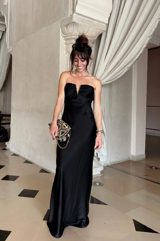 Valeria Black Strapless Satin Maxi Dress Fashionable High-Waist Maxi Dress