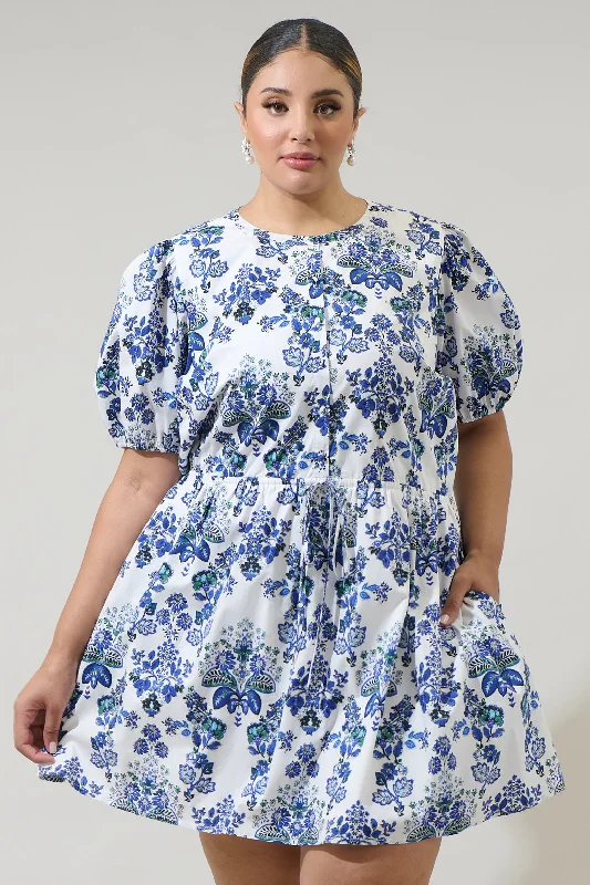 Viara Floral Alba Puff Sleeve Mini Dress Curve Elegant Mini Dress with Pleats
