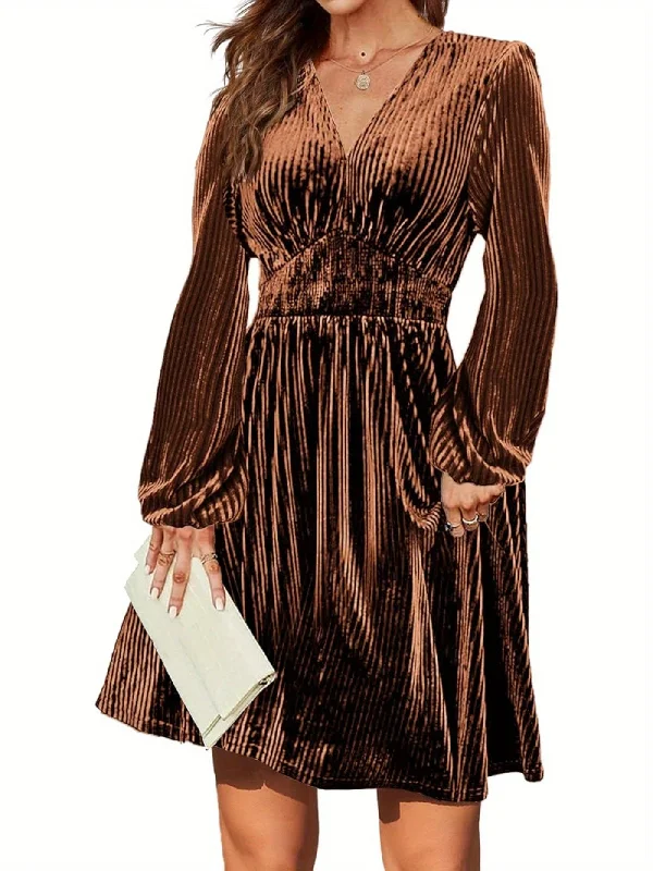 Vibrant Velvet Mini Dress - Sexy V-Neck, Long Sleeve, Stretchy, Flared, Cocktail Party Essential - Perfect for Women's Night Out, Formal Events, and Special Occasions Chic Sleeveless Mini Dress