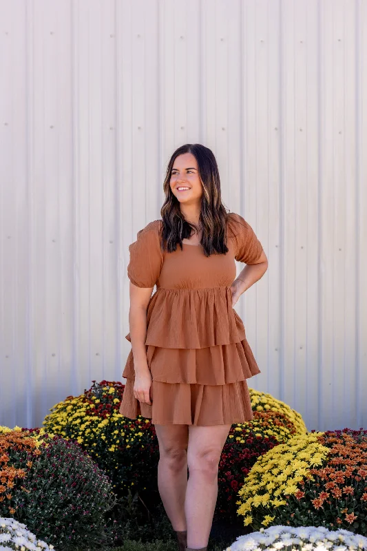 Demi Puff Sleeve Mini Dress | Camel Elegant Satin Mini Dress