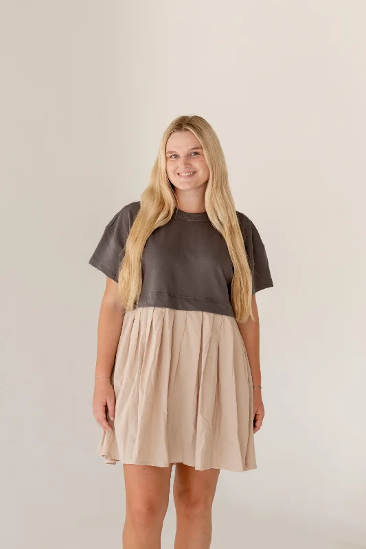 Joanna Contrast Mini Dress | Charcoal/Taupe Classic Striped Mini Dress