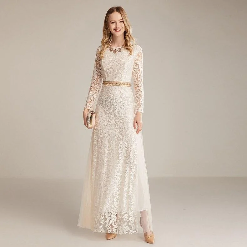 FashionSierra - Long Sleeves Embroidery Lace Beaded Waist Elegant Fahion Maxi Dress Classic Solid Maxi Dress FashionSierra - Long Sleeves Embroidery Lace Beaded Waist Elegant Fahion Maxi Dress Classic Solid Maxi Dress