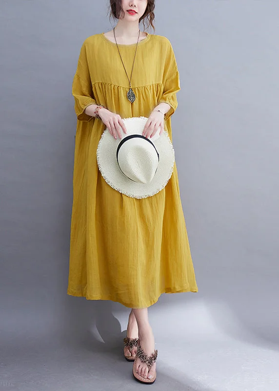 Yellow O-Neck Wrinkled Maxi Dress Half Sleeve UU017 Fashionable Sheer Maxi Dress
