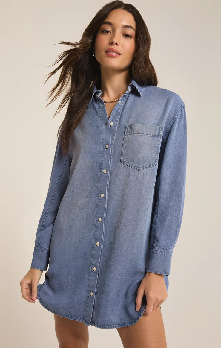 Z Supply Dover Chambray Mini Dress (Sun Bleached Indigo) Classic White Mini Dress