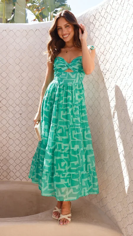 Zakuro Maxi Dress - Green Print Comfortable Ruffle Hem Maxi Dress