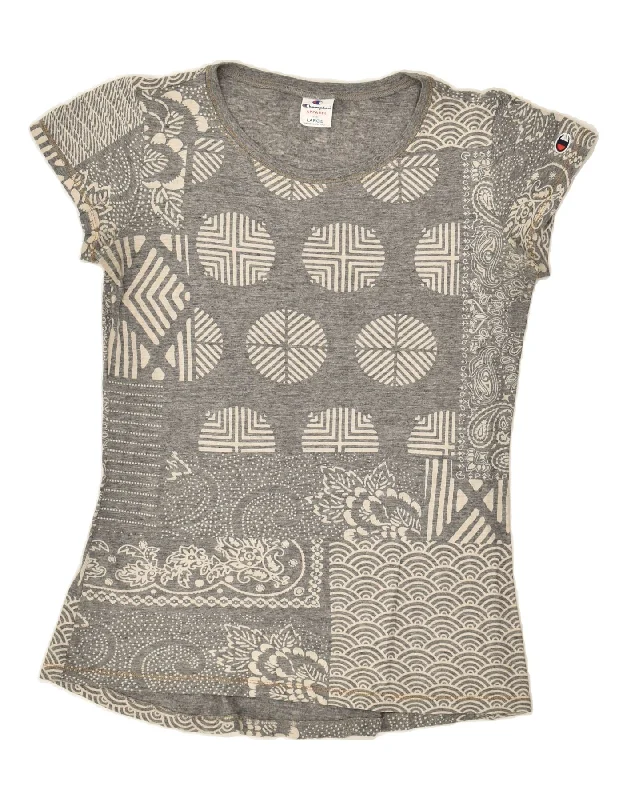 CHAMPION Womens T-Shirt Top UK 14 Large Grey Patchwork Chenille Blend Fleece Blend Nylon Blend