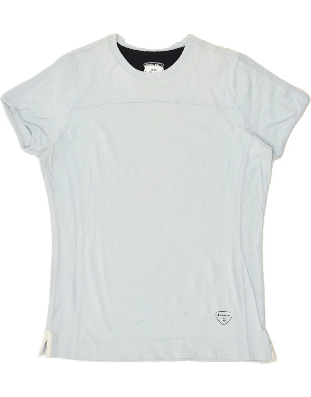 CHAMPION Womens T-Shirt Top UK 14 Medium Blue Cotton Denim Fabric Leather Fabric Suede Fabric