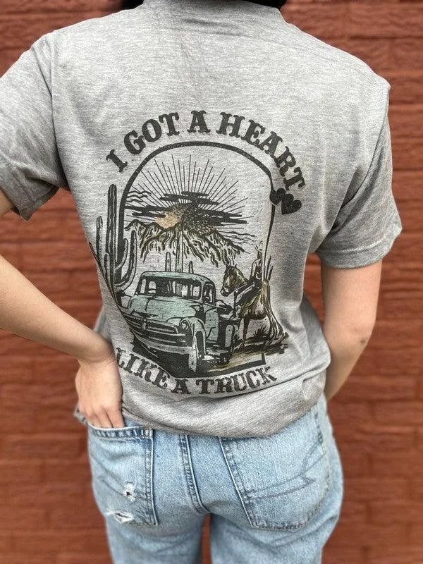 Ask Apparel Heart Like A Truck Graphic Tee Notch Collar Peter Pan Collar Cowl Neck