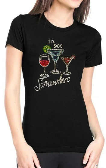 It's 5 o'clock Somewhere Rhinestone Girls T-Shirt (Black) Satin Blend Silk Blend Wool Blend It's 5 o'clock Somewhere Rhinestone Girls T-Shirt (Black) Satin Blend Silk Blend Wool Blend
