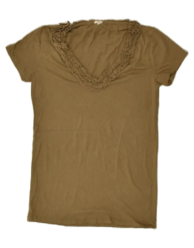 J. CREW Womens T-Shirt Top UK 10 Small Khaki Cotton Striped Floral Plaid