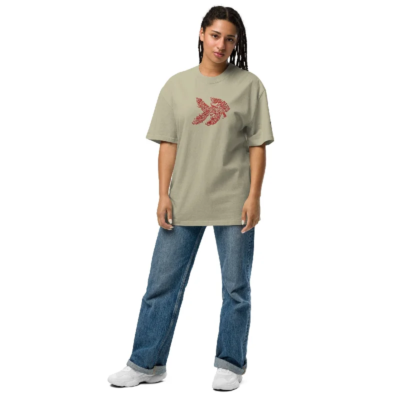 Oversized Faded T-Shirt for Women - FISH Collared Crew Neck Turtle Neck